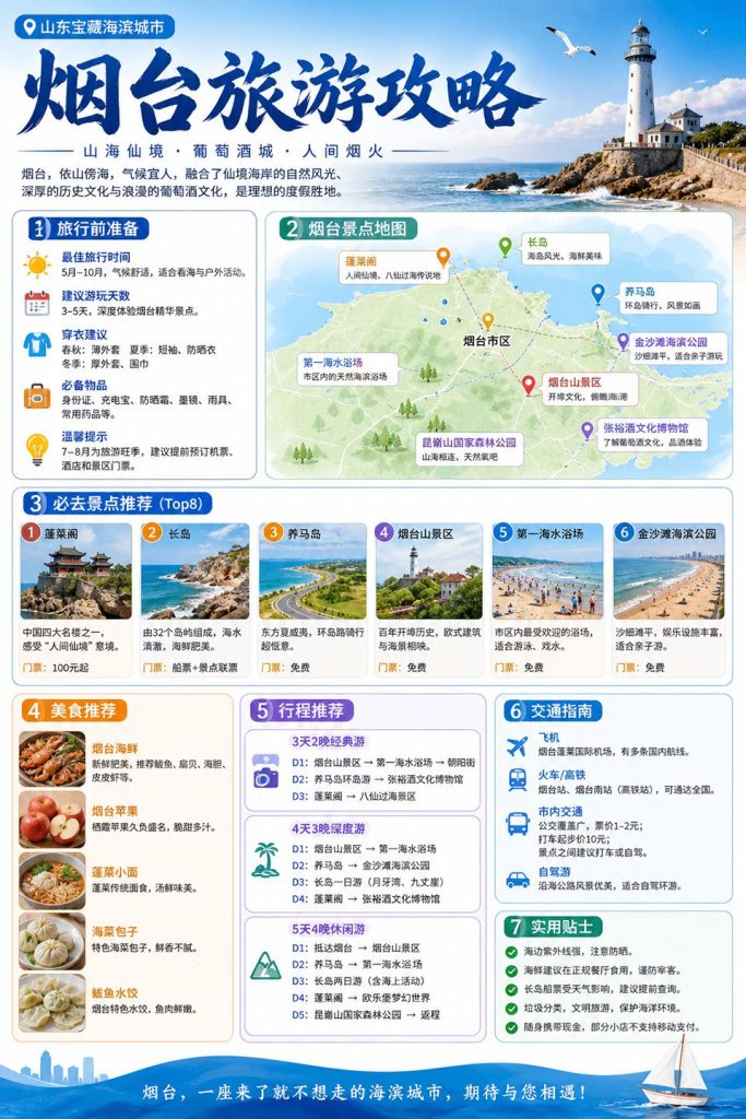 烟台旅游攻略竖版步骤科普百科图 AI绘画提示词