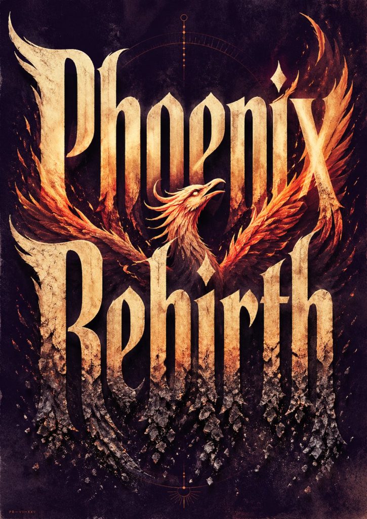 Phoenix Rebirth 概念字体海报｜高级版画文字艺术 AI 提示词