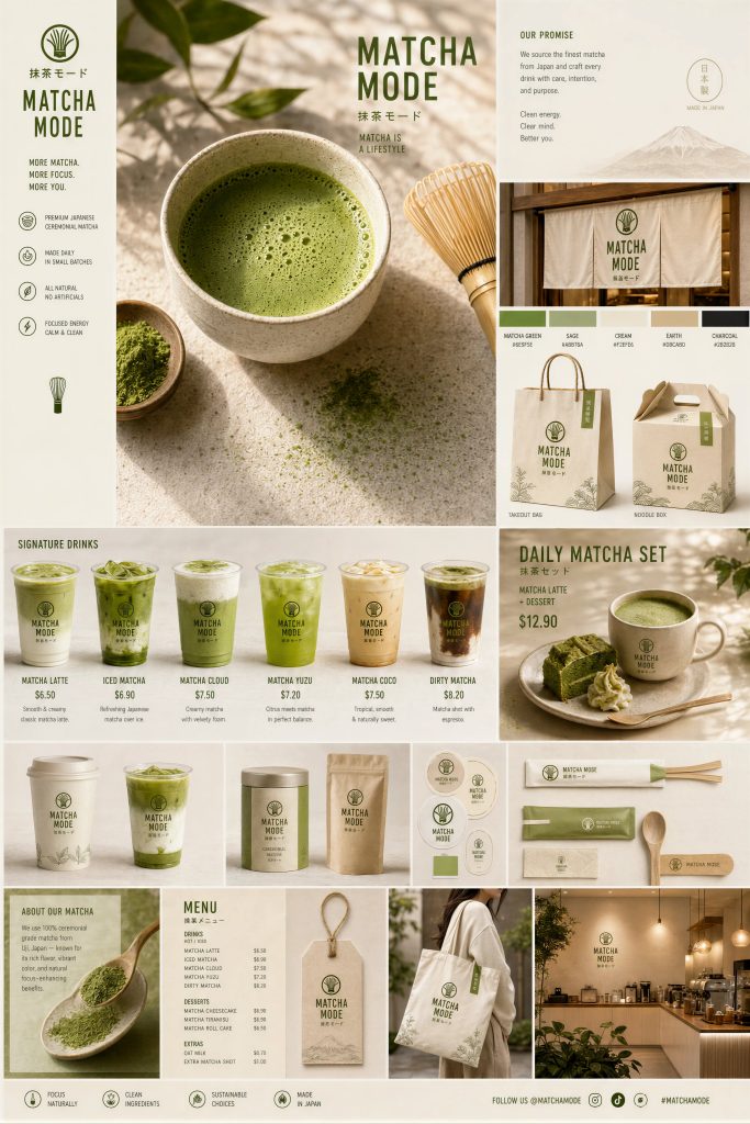 MATCHA MODE 抹茶品牌触点系统视觉板｜日式极简 AI 绘画提示词