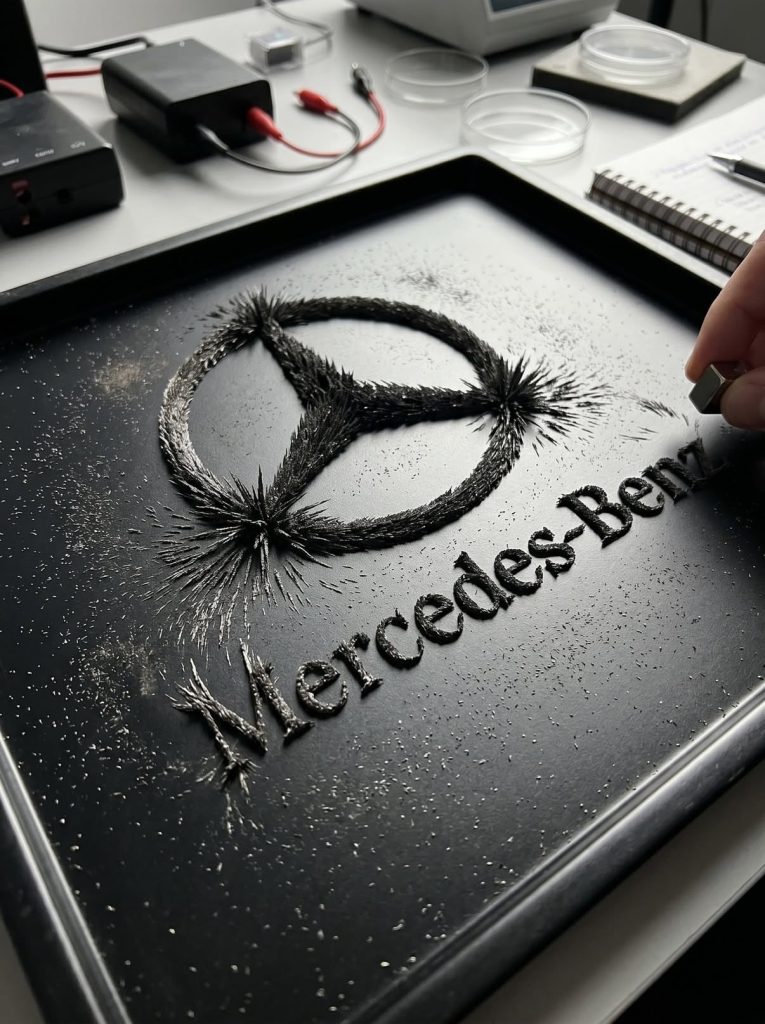 铁屑磁场成形 Logo 实验场景｜超写实品牌视觉 AI 提示词