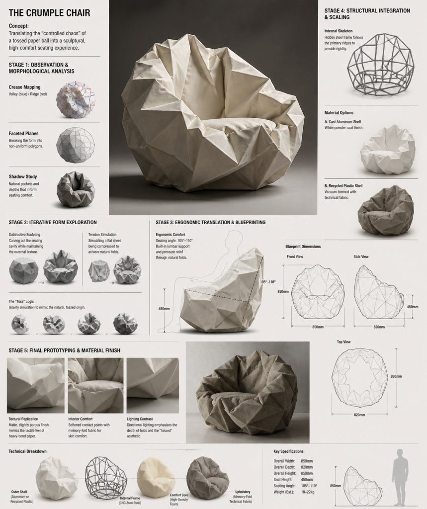Crumple 褶皱纸球概念椅子｜家具设计 AI 绘画提示词