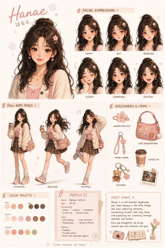 日系软萌半写实女性角色设定表｜动画人设 AI 绘画提示词