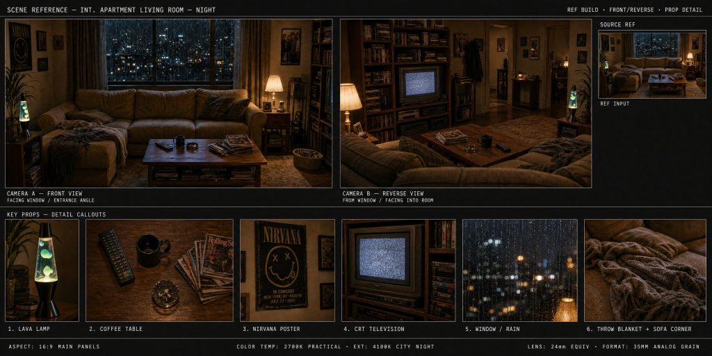 90 年代复古公寓夜晚场景参考板35mm 胶片 AI 绘画提示词