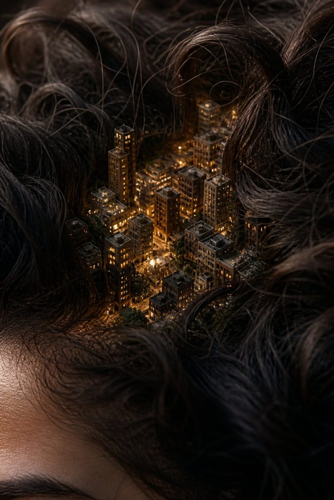 发丝间隐藏微缩城市微距摄影｜超写实 AI 绘画提示词