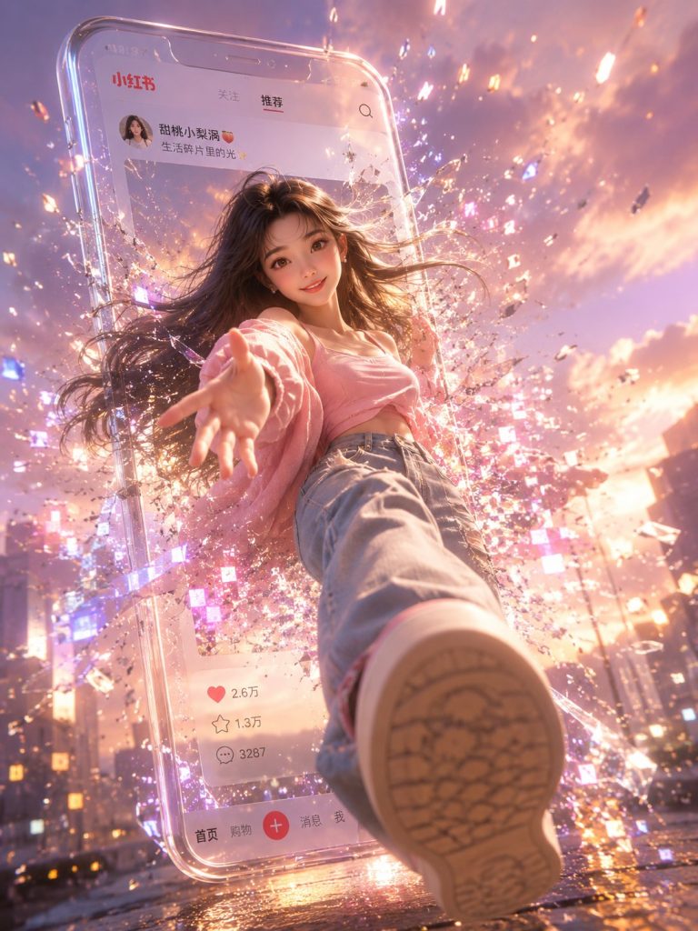 3D 数字破屏少女 手机屏幕跨次元冲出画面 AI 提示词
