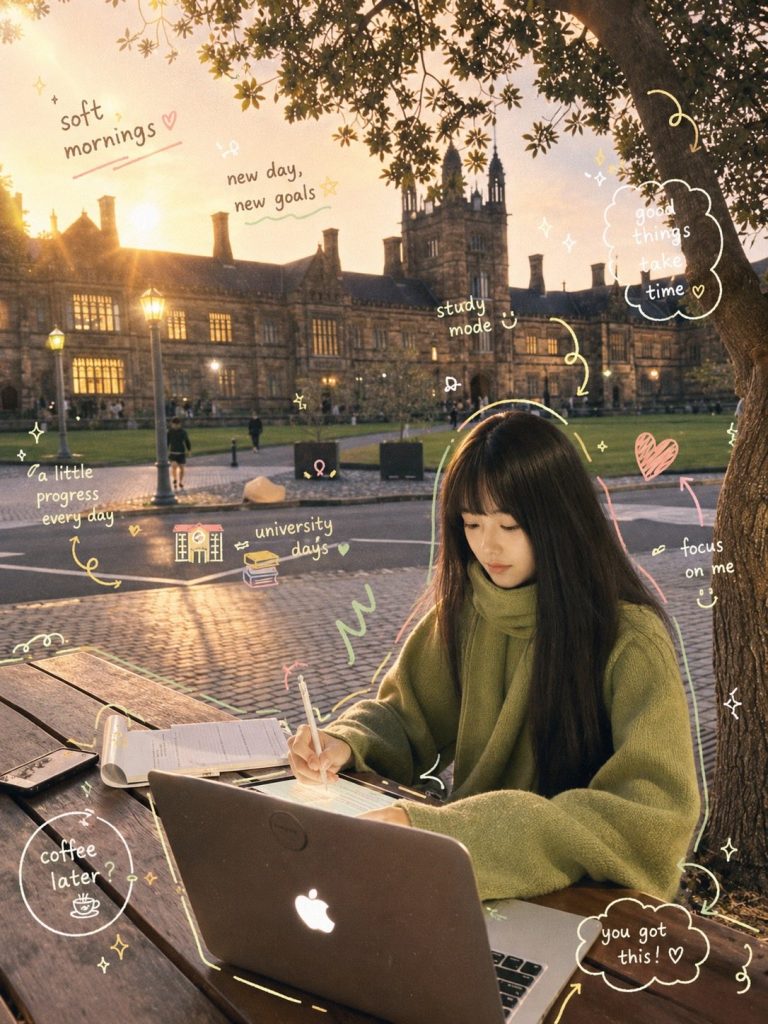 秋日校园户外学习氛围感 剪贴簿胶片人像 AI 提示词