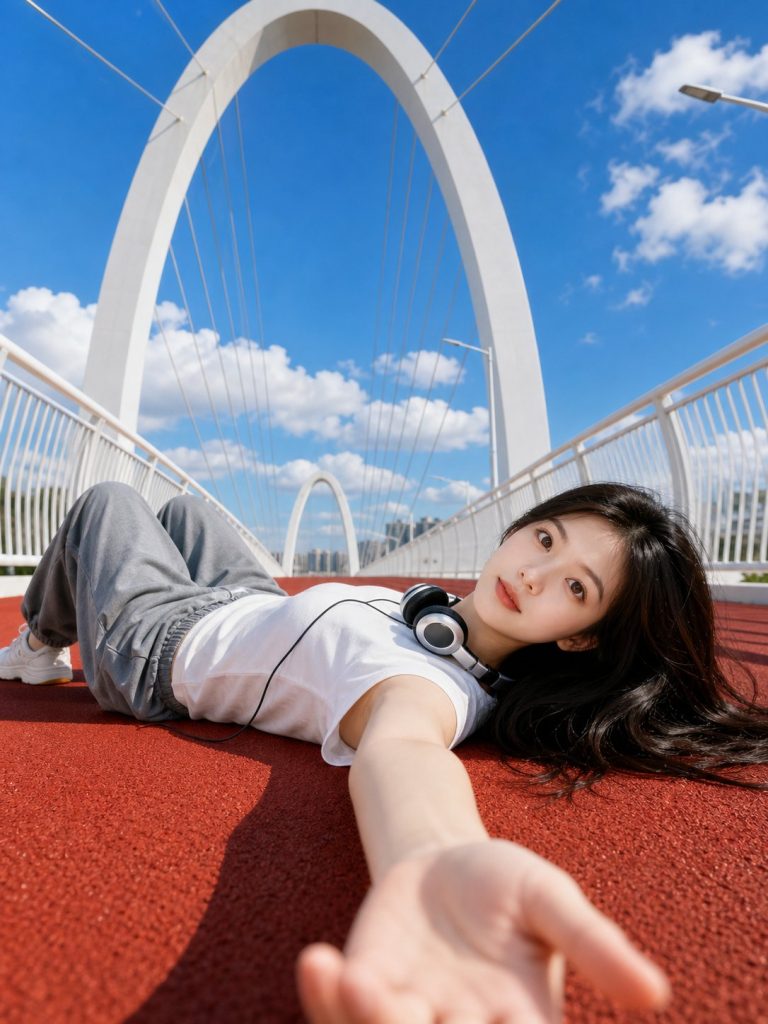红色跑道天桥户外人像｜低角度广角自拍写实 AI 提示词