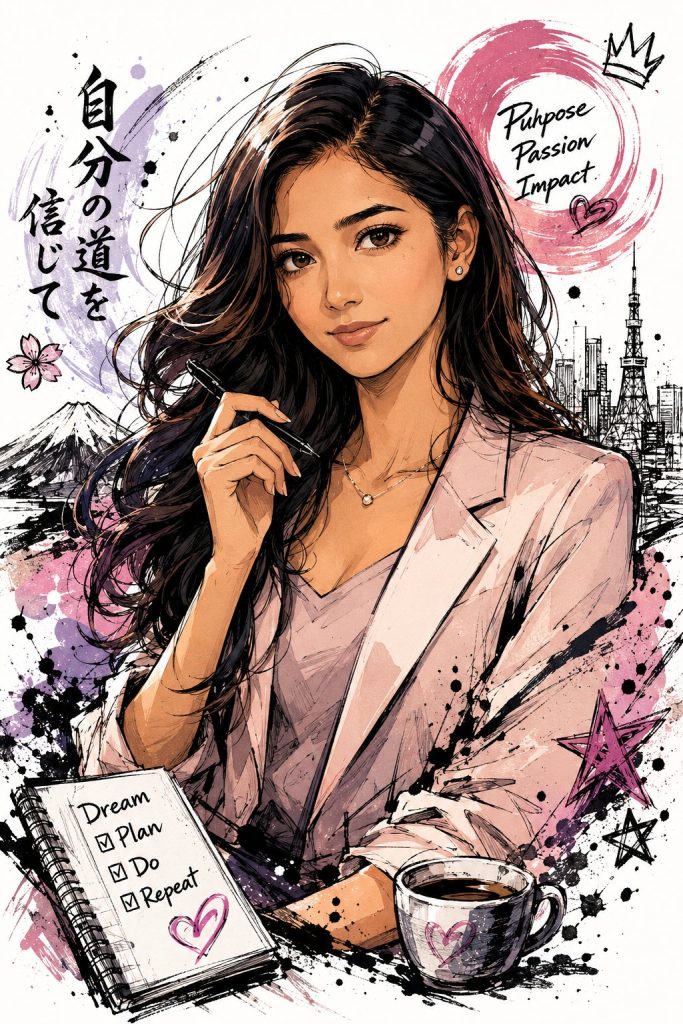日系半身自画像插画｜手绘涂鸦水墨喷溅 AI 提示词