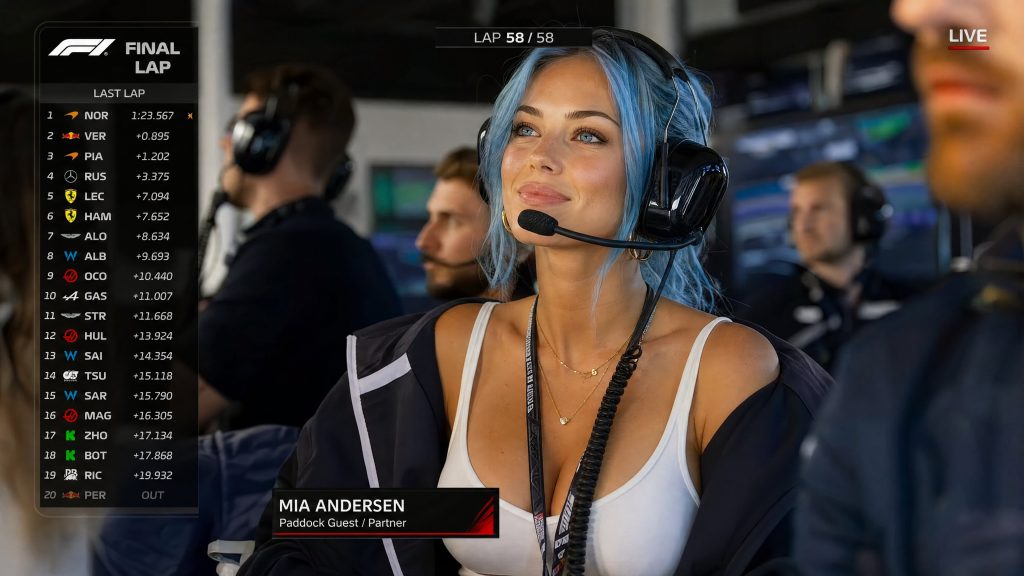 F1 赛事转播截图人像 维修区 VIP 围场嘉宾写实 AI 提示词