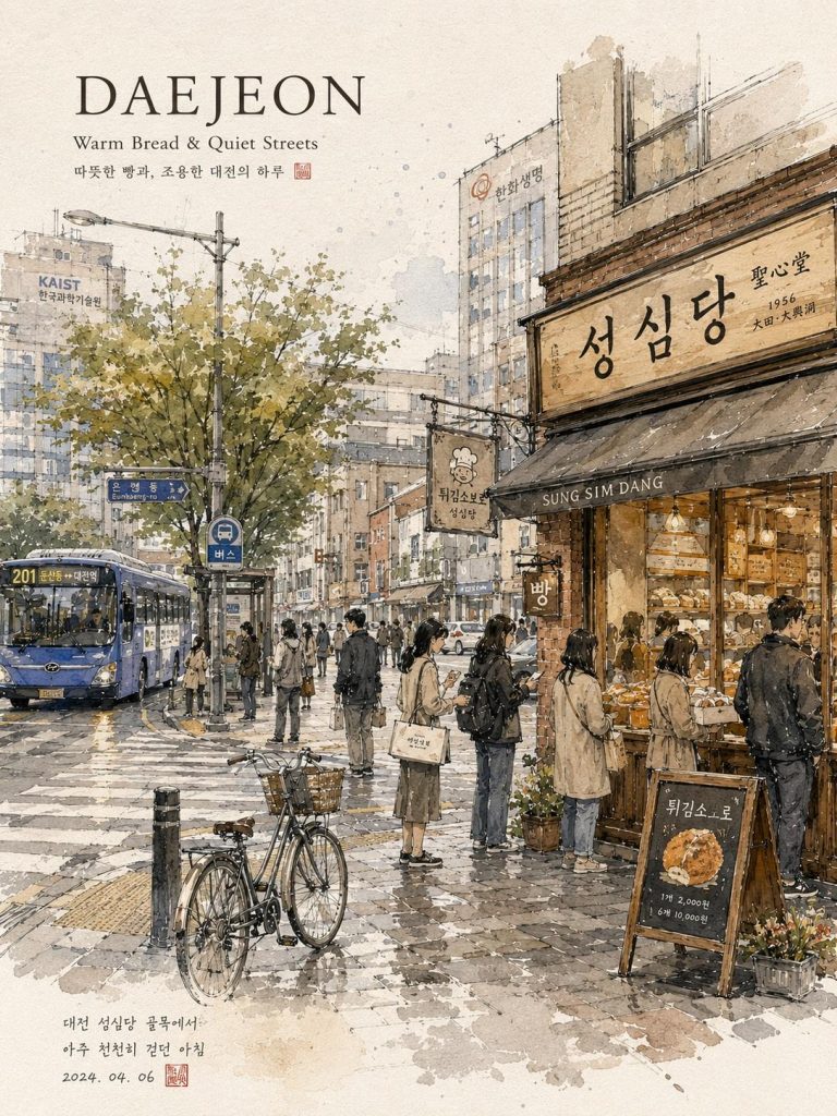 韩式街巷水彩旅行插画 雨后首尔城市速写竖版 AI 提示词