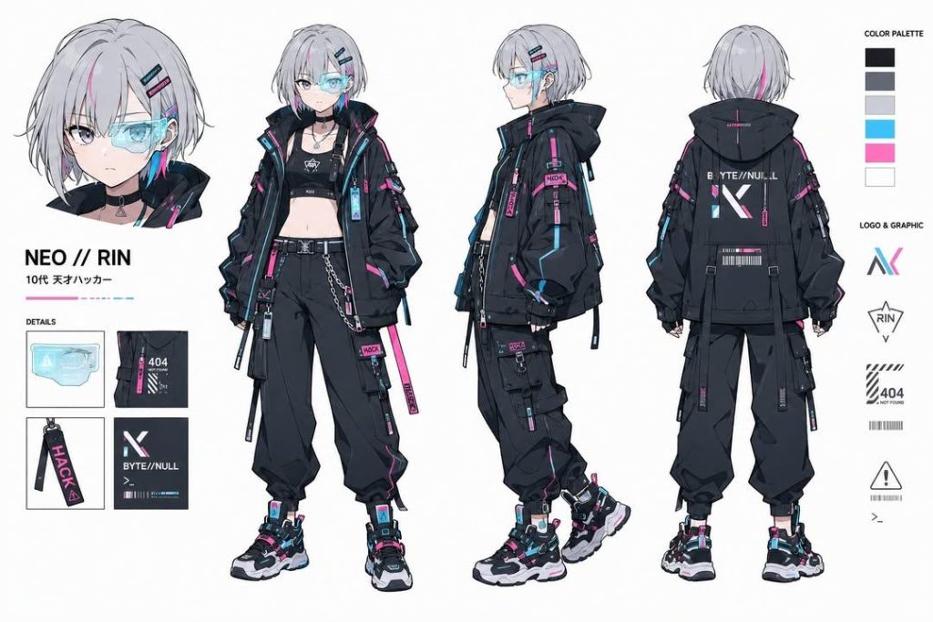 赛博朋克黑客少女设定集｜NEO//RIN 多角度角色原画 AI 提示词