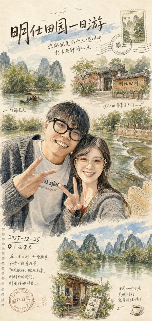 旅行手账水彩城市插画｜照片转速写明信片竖版 AI 提示词