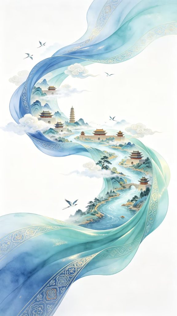 国潮淡彩水墨运城地标 丝绸幻化成河流双重曝光 AI 提示词