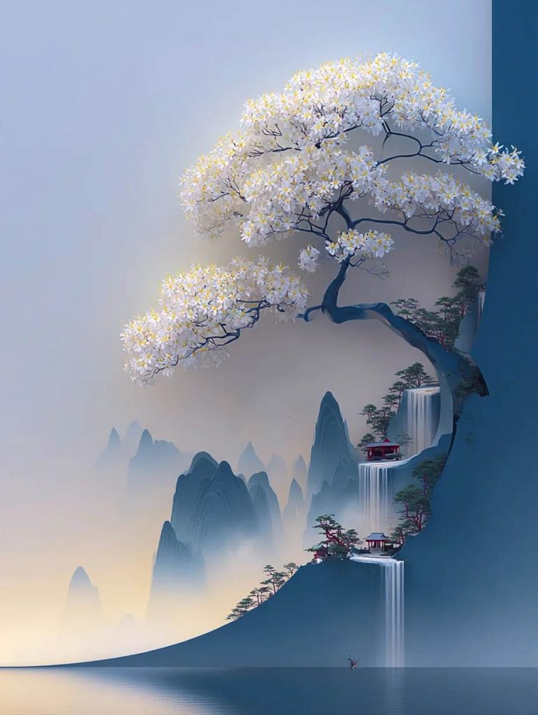 虚空桂树星落花瓣｜东方神话超现实山水幻境 AI 提示词