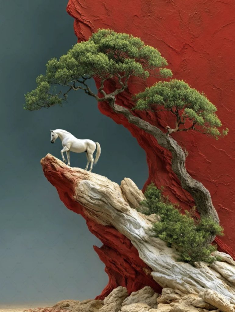 红崖白马山水幻境｜国风写意山水 AI 提示词