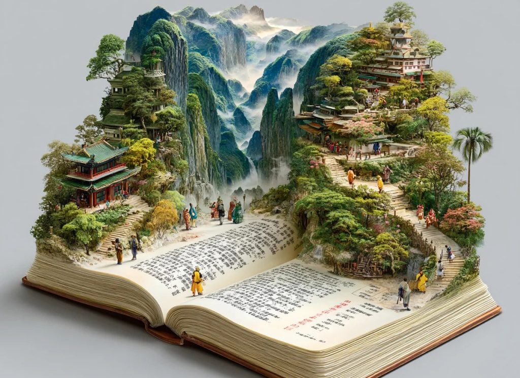 书页立体山水幻境 翻开书籍浮现国风山河 AI 提示词