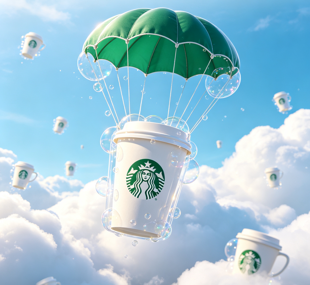星巴克空投咖啡杯｜超现实 3D 商业插画 AI 提示词