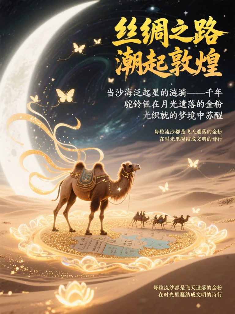 丝绸之路潮起敦煌  星幻琉璃商队文旅 KV AI 提示词