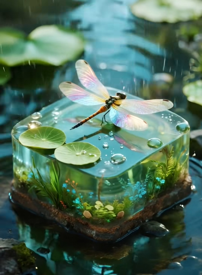 剖面微缩荷塘生态 3D 立体透视雨景幻境 AI 提示词