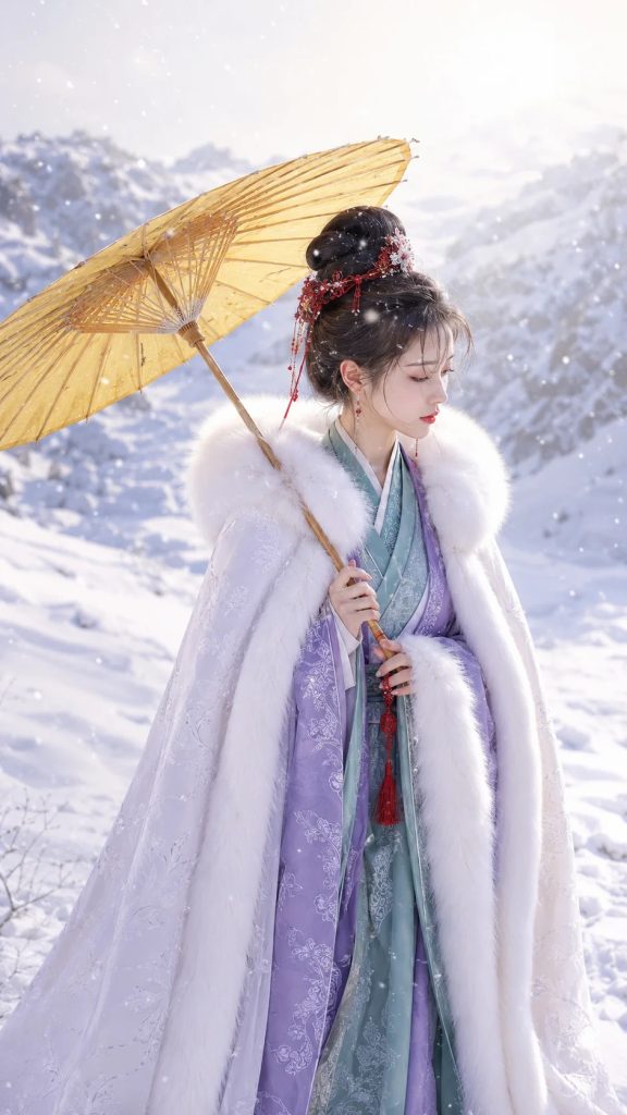 雪地汉服美人肖像 冬日逆光照清冷古风 AI 提示词