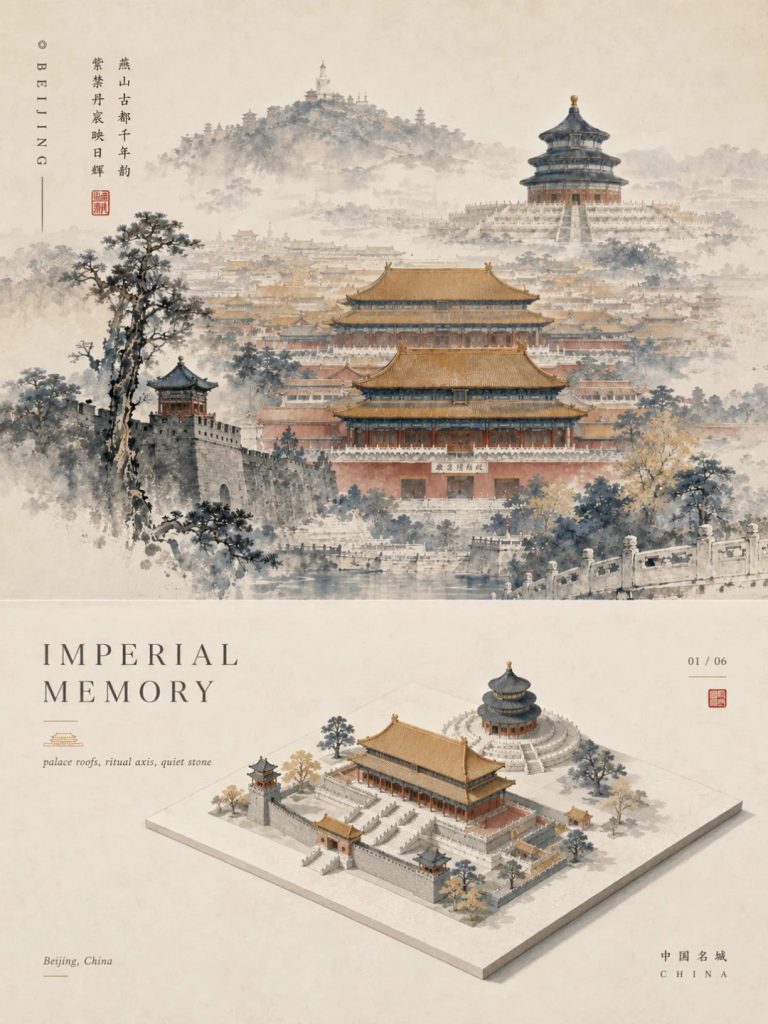中国著名城市艺术海报 水墨建筑景观高级设计提示词