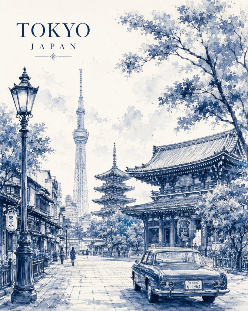 单色复古水彩城市旅行海报 建筑风景 AI 提示词