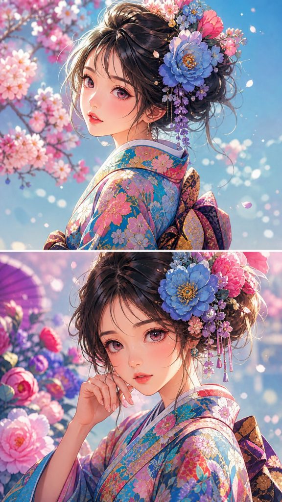 动漫风和服少女肖像 繁花发饰日系插画 AI 提示词