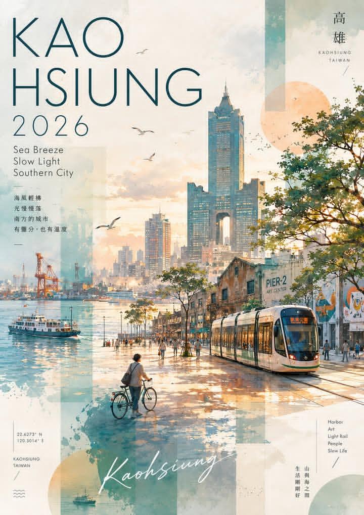 高雄水彩拼贴旅行海报 竖版日落港湾文旅 AI 提示词