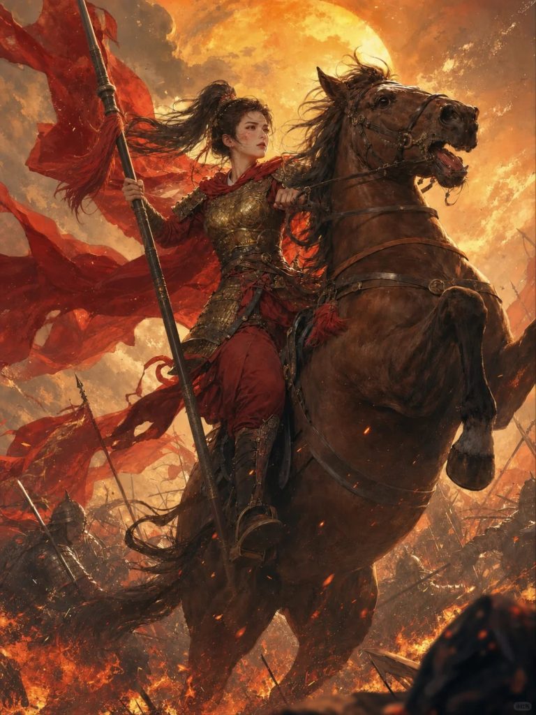 水彩晕染古战场 铠甲红袍女将军骏马征战关键词