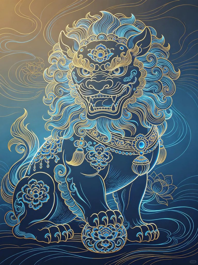 倪传婧风格狮王宝相纹 国风装饰插画 AI 提示词