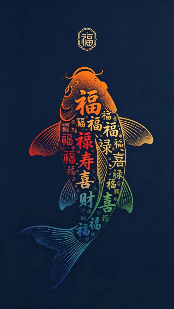 中式福字粒子锦鲤招贴 藏青背景商业海报 AI 提示词