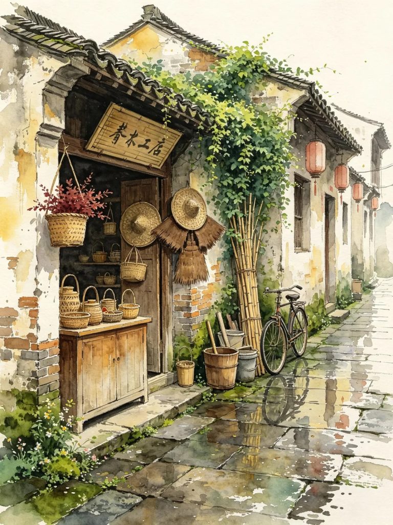 雨后青石板古巷竹艺小店 水彩速写怀旧 AI 提示词
