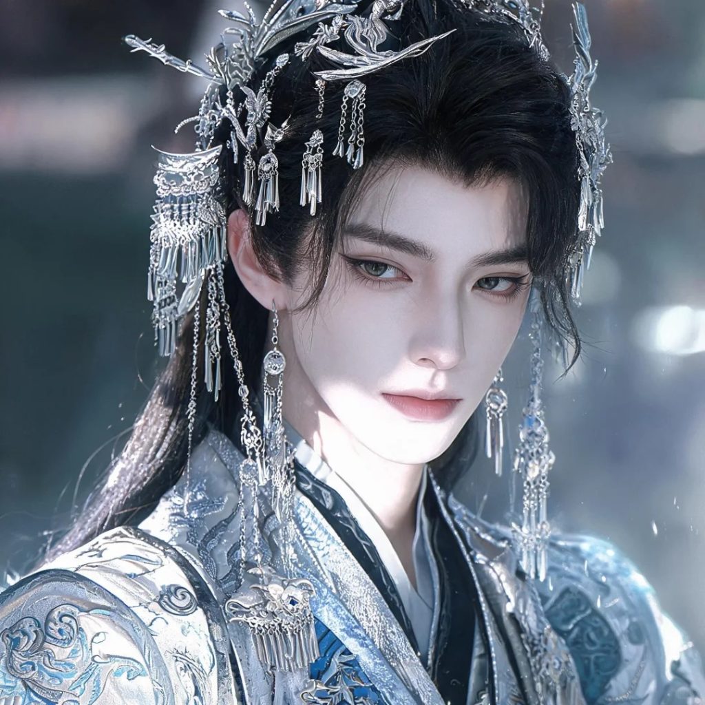 BJD 风胶片古风美男 银青色调半身人像 AI 提示词