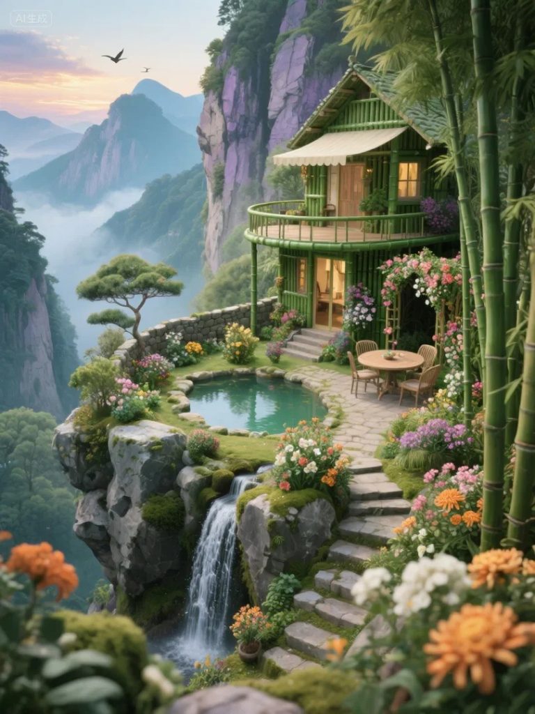 童话桃花源山间居所 鸟瞰全景 3D 渲染关键词