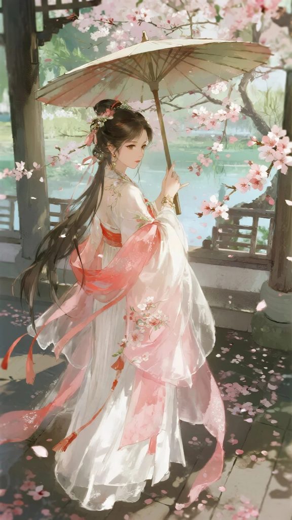 桃花谷古风背影美人 粉白水墨水彩插画 AI 提示词