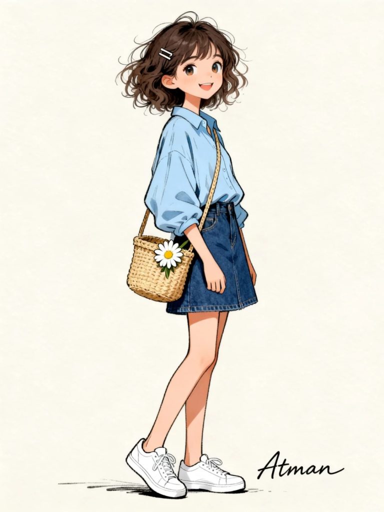 淡蓝衬衫牛仔短裙女孩 手绘插画签名 Atman 提示词