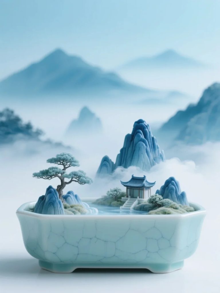 汝窑青花盆中山水 新中式极简瓷器微景观 AI 提示词