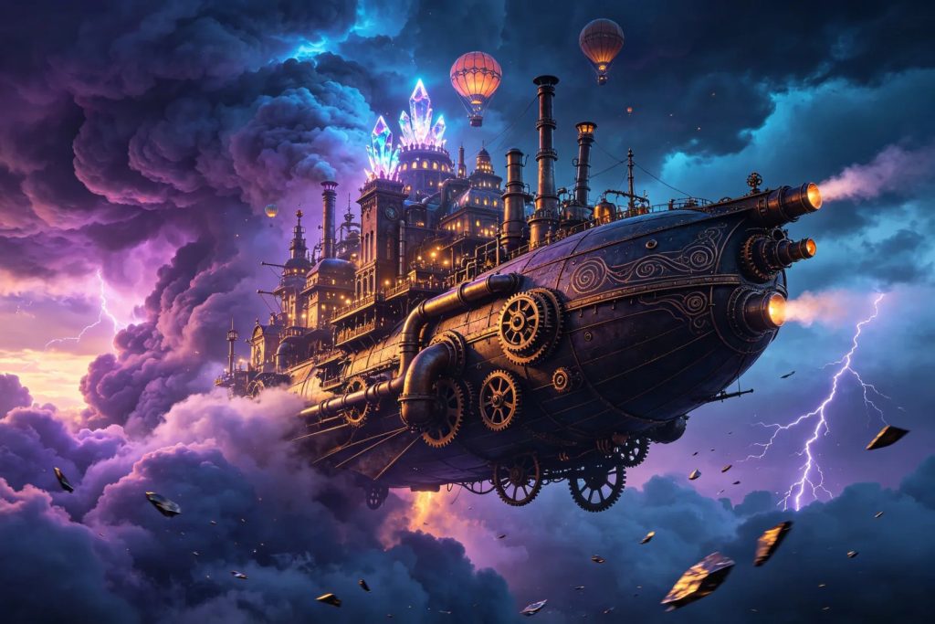 蒸汽朋克飞空艇穿越风暴云 空中魔幻都市电影海报 AI 提示词