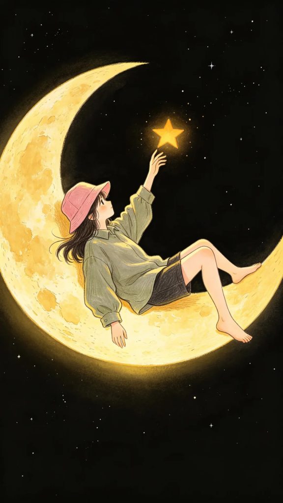 弯月上的少女治愈插画 暖黄色夜空星光 AI 提示词