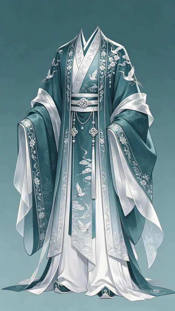 石青银白宋制汉服 9:16 竖版不露脸厚涂插画 AI 提示词