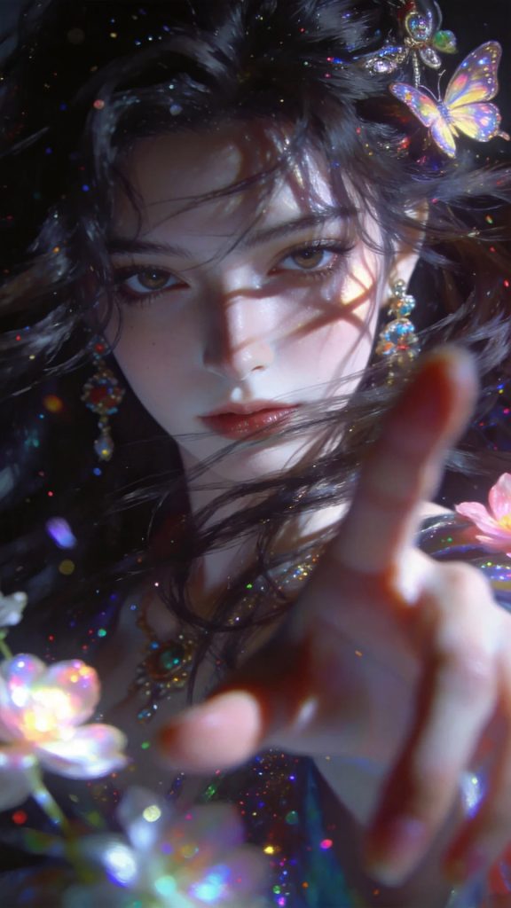 超写实油画女性面部特写 梦幻蝴蝶花卉人像 AI 提示词