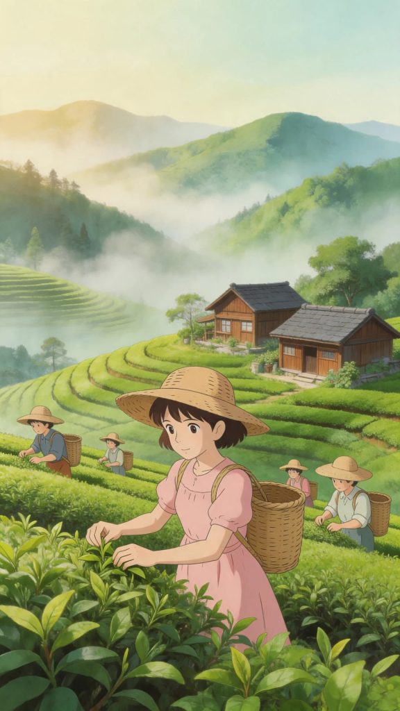 吉卜力风山谷茶园山庄 清晨薄雾采茶少女插画 AI 提示词