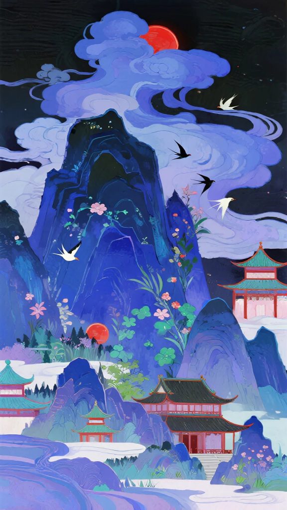 东方诗意山水插画 蓝紫主色调中式建筑飞鸟 AI 提示词