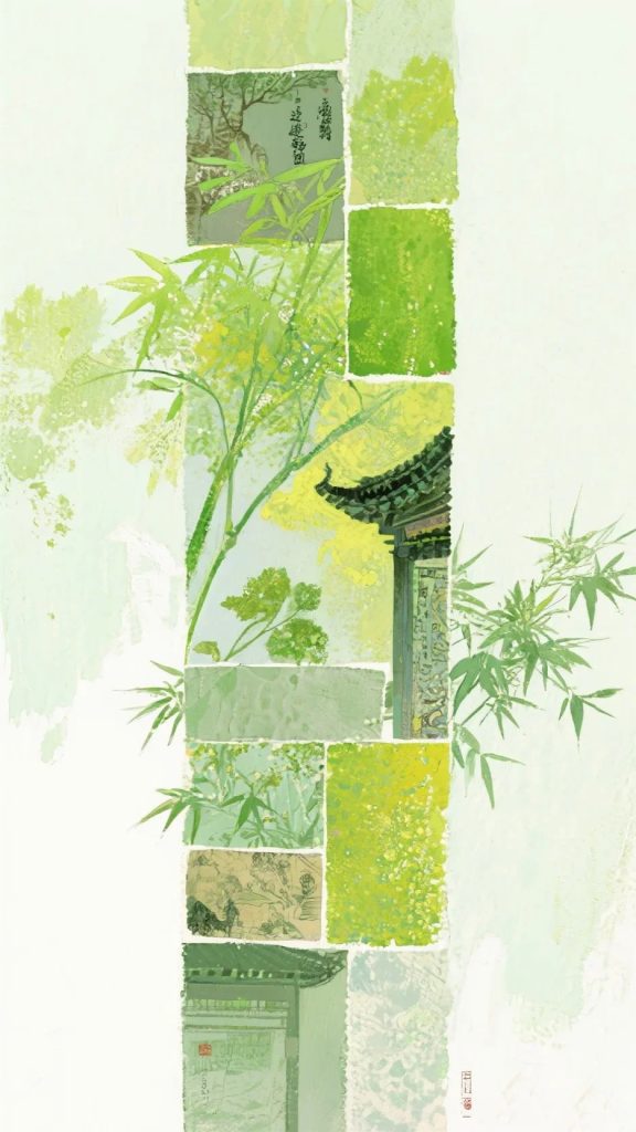 竖版古风拼贴画 绿系植株水粉厚涂肌理 AI 提示词