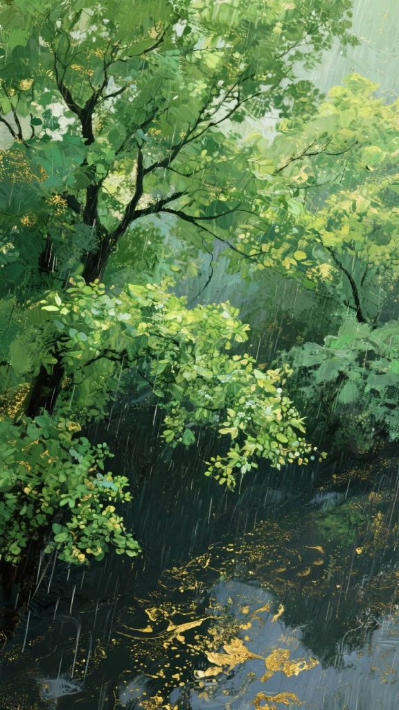 春日幻想岩彩水粉 深金细雨磨砂肌理古风水彩 AI 提示词