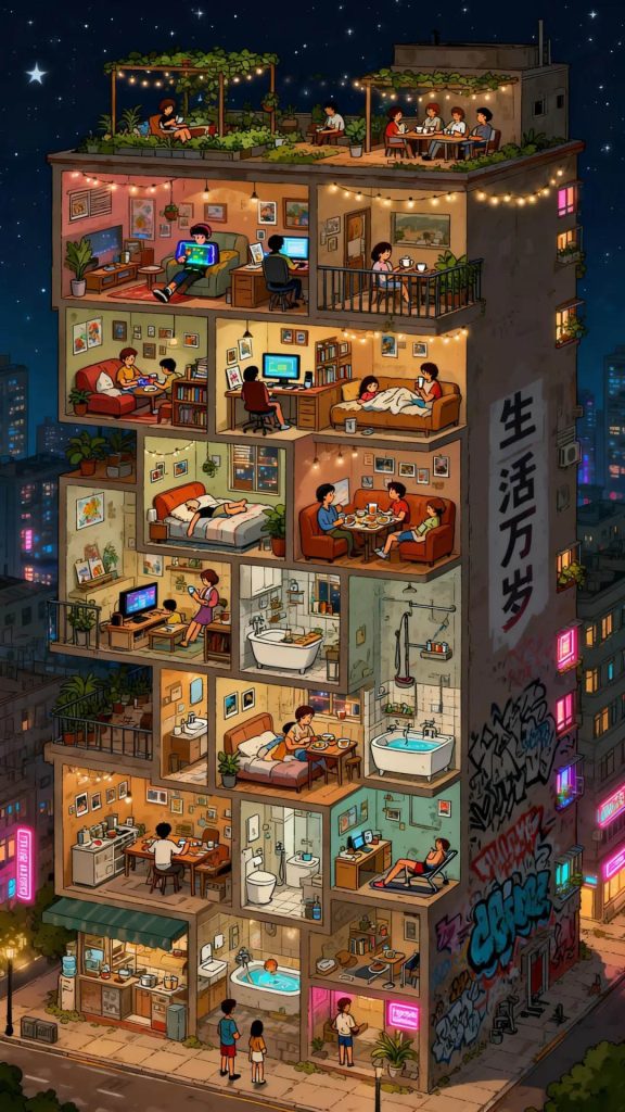 Moebius 摩天大楼垂直剖面 极繁城市夜晚生活百态 AI 提示词