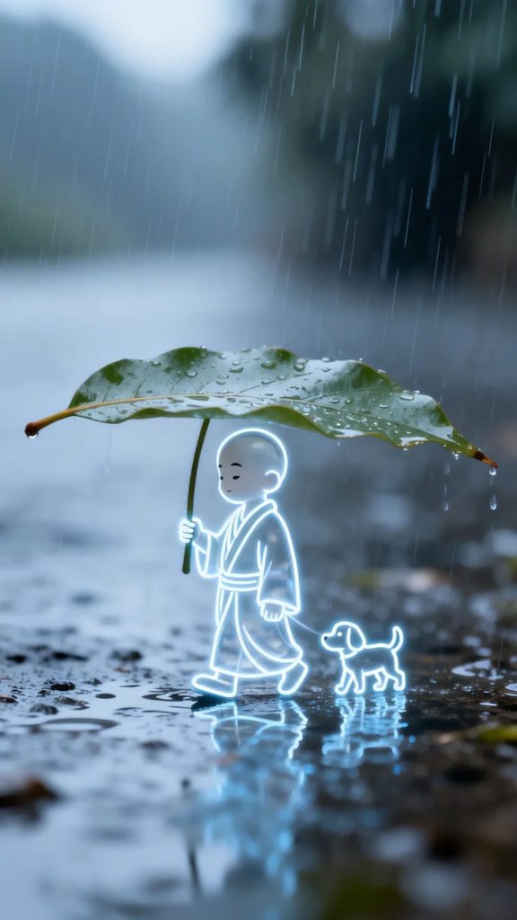 微距发光线条插画｜迷你小和尚树叶挡雨雨中漫步 AI 提示词