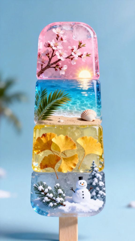 3D 写实四季冰棍插画 立体冰棒内含春夏秋冬景观 AI 提示词