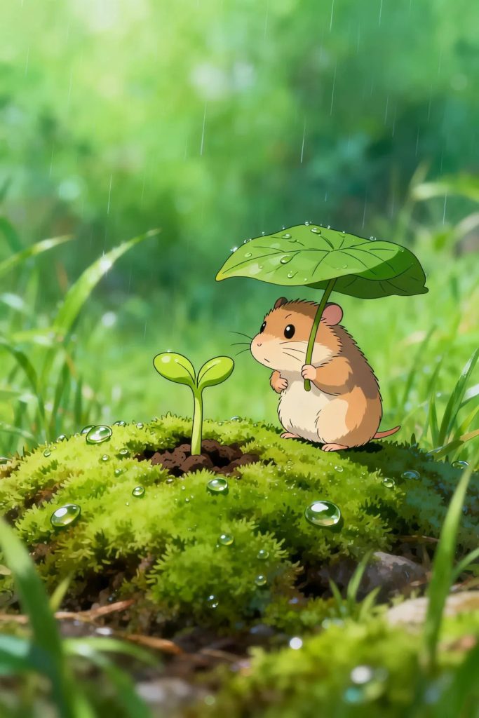 宫崎骏风春日童话插画 绿叶挡雨仓鼠凝望嫩芽 AI 提示词