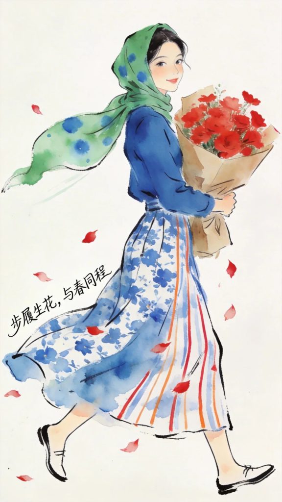 弛淡彩水彩人物插画 抱花回眸女子步履生花 AI 提示词